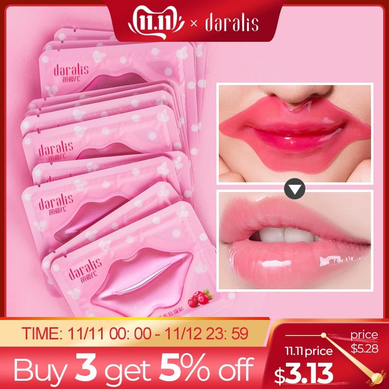 Daralis 10pcs Cranberry Moisturizing Lip Mask Lip Film Patches Gel Exfoliating Lips Care Pump Collagen Pads Anti-Wrinkle Patches